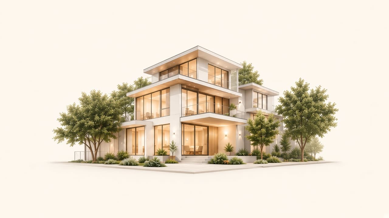 Illustration of a modern two-story home surrounded by trees, shown as the center of Nara’s Home Twin.